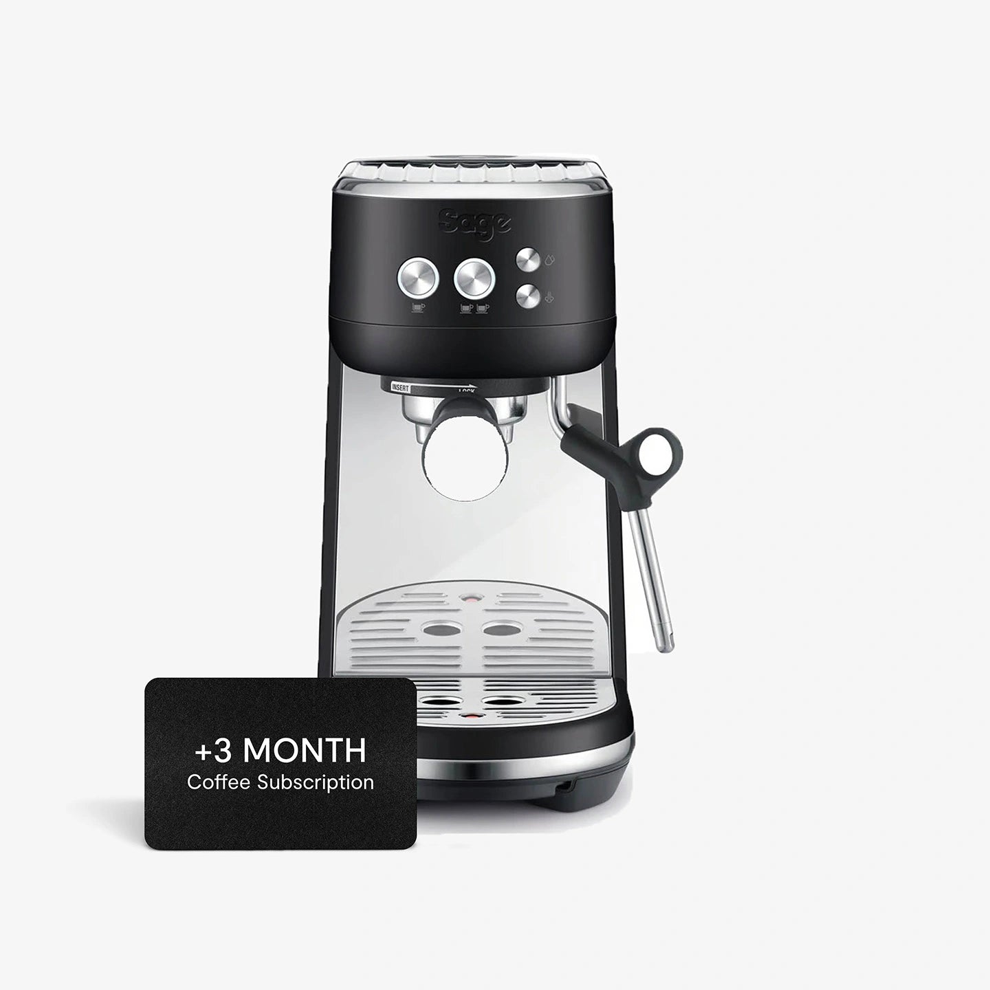 A black Sage Bambino coffee machine featuring a compact design, fast ThermoJet heating, manual steam wand, and PID temperature control for making barista-quality coffee at home.