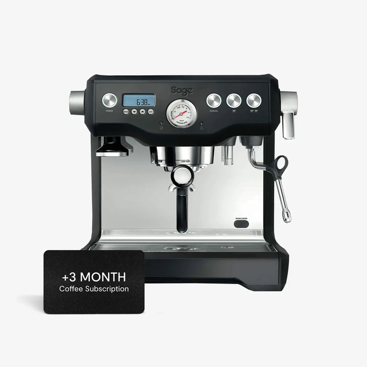 A black Sage Dual Boiler espresso machine with dual stainless steel boilers, PID temperature control, and manual steam wand for precise, barista-quality coffee brewing at home